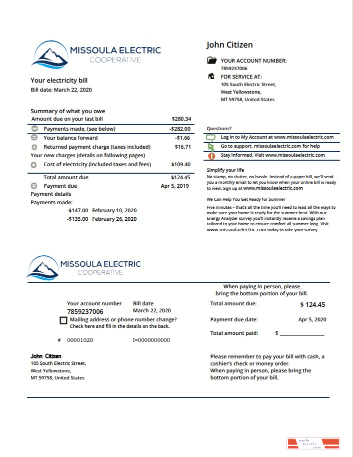 USA Montana Missoula Electric Cooperative electricity utility bill template in Word and PDF format